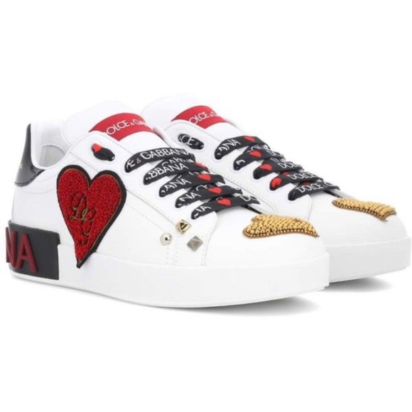 Dolce & Gabbana Shoes - Dolce & Gabbana White Leather Portofino Gold RedHeart Low Top Sneakers Size 38